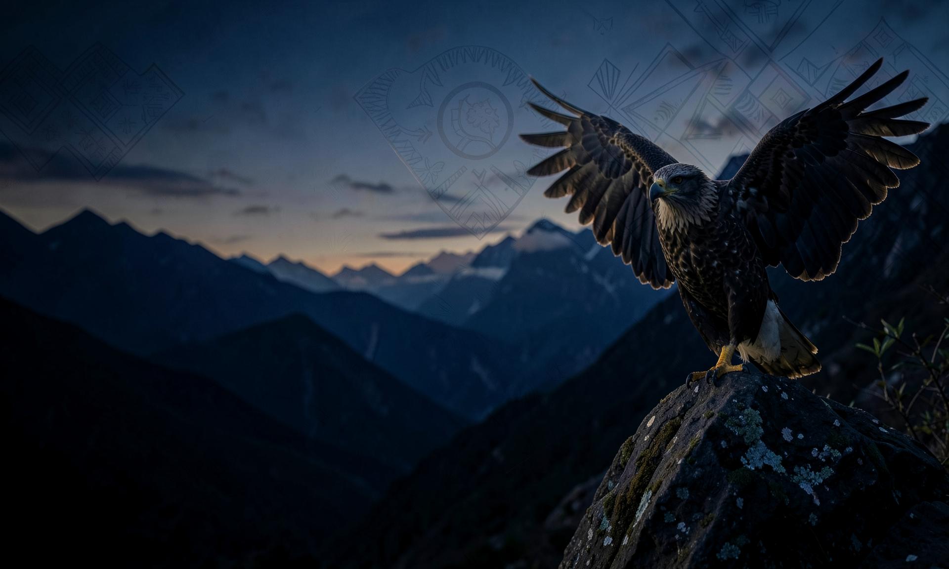 Aigle africain ailes déployées sur un rocher de montagne, motifs textiles en filigrane