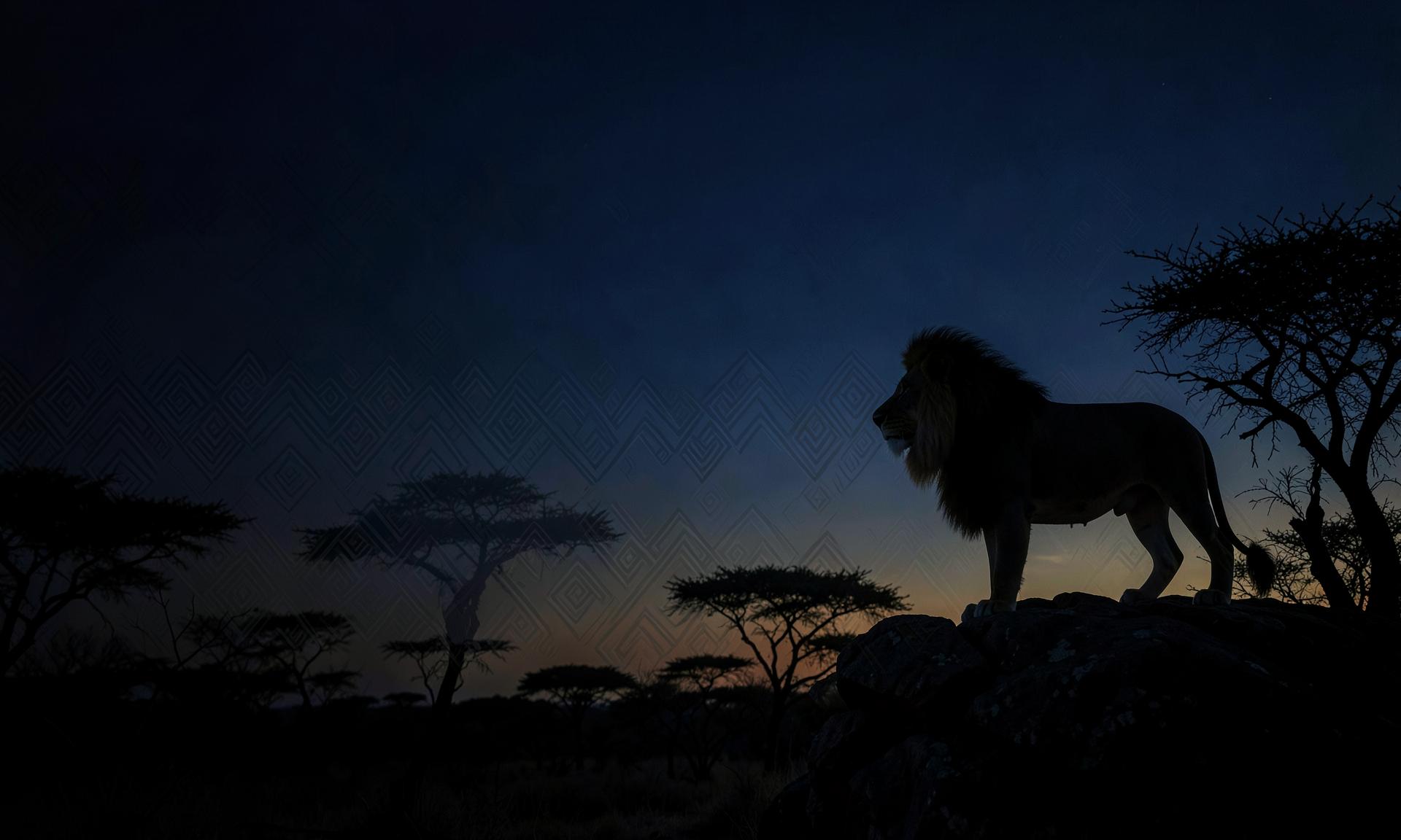 Lion sur un promontoire dans la savane au crépuscule, motifs textiles en filigrane